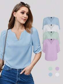 BizChic 女式秋季 V 领宽松衬衫，百搭基本款休闲优雅办公室装，适合通勤、商务、婚礼、音乐会 - 淺藍色 - 查看 9