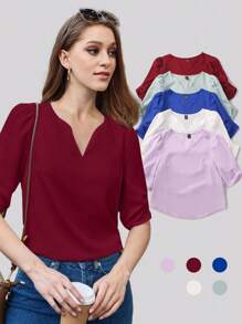 BizChic Blusa corta a maniche corte plissettata, colletto a risvolto, in colore rosso tinta unita, per donna, casual