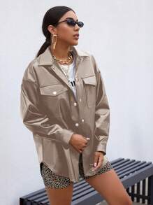 EURMUSE Lapel Pocket Drop Shoulder Pu Leather Jacket - Beige - View 4