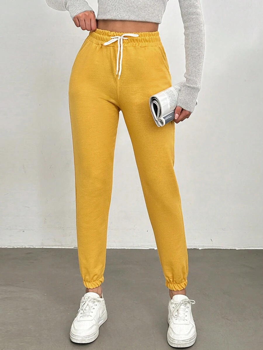 SHEIN Cottnline Pantalones De Chándal De Cintura Con Cordón De Color Sólido Para Mujer - Amarillo - Ver 1