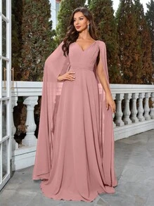 UNITHORSE Solid Color Splice Cape Sleeve Formal Dress - Bụi hồng - Xem 3