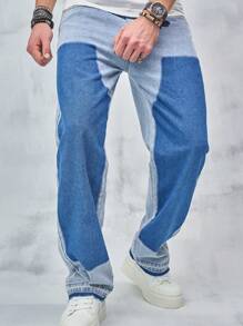 男士雙色直筒牛仔褲 - 藍色 - 查看 3