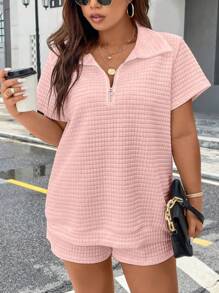 Calvaya Plus Size Women's Zipper Half Placket Short Sleeve Top And Shorts Set