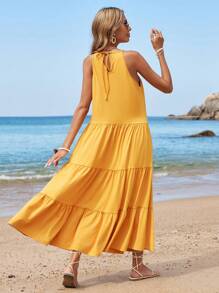 SHEIN VCAY Vestido Con Dobladillo Con Volantes Y Cuello Halter Con Empalme De Encaje Para Mujer - Amarillo - Ver 2