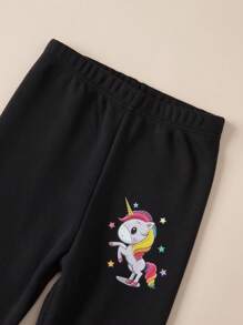 Leggings con forro térmico con estampado lindo de unicornio para niñas, cintura elástica, pantalones cálidos - Negro - Ver 5
