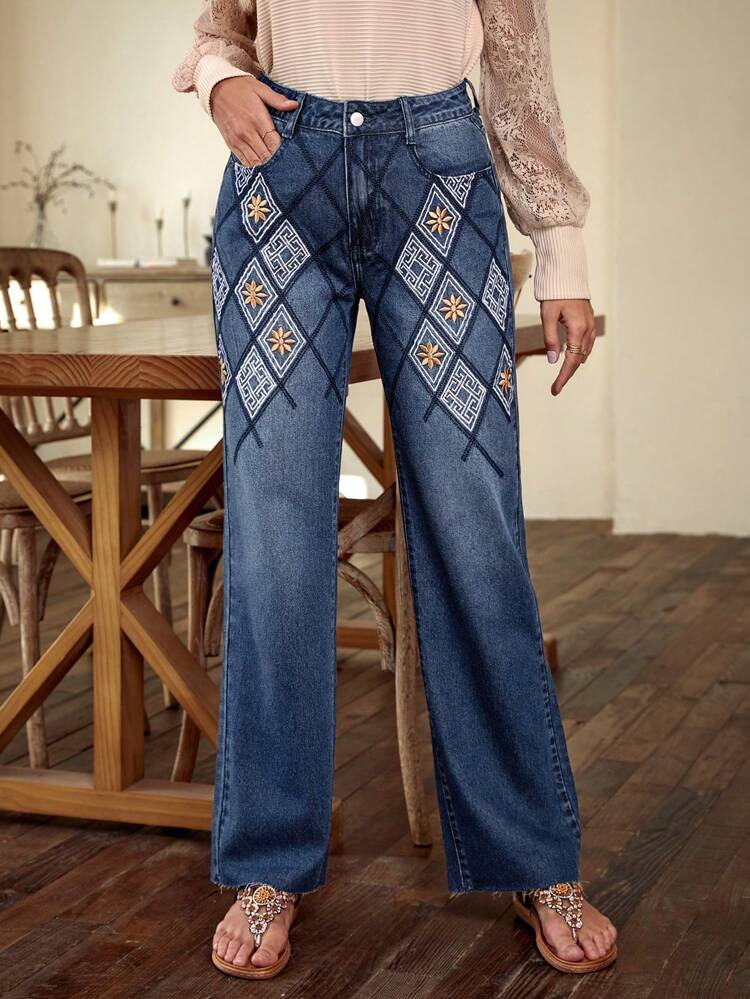 Floral & Geometric Embroidery Jeans For Women