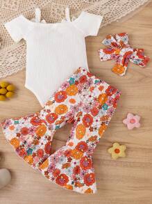 3 pièces/Set Combinaison bébé nouveau-né mignon avec décoration en nœud, pantalon évasé à imprimé floral et ensemble de bandeau