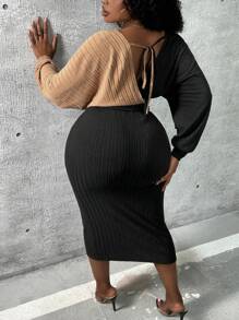 Slaydiva Plus Size Contrast Color Shirt & Plain Skirt Two-Piece Set - Multicolor - View 4