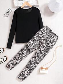 Sparklyn 2pcs Teenage Girls' Leopard Print Heart Long Sleeve T-shirt And Leggings Set - Black - View 4