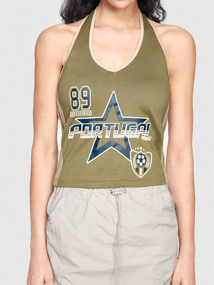 Women'S Star, Letter Printed Halter Tank Top With Color Block & Insert Trim Detail