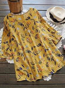 Plus 女士度假花卉印花圆领长袖宽松衬衫上衣秋季衣服