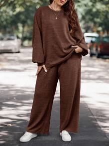 SHEIN LUNE Kích thước lớn Màu thuần Thả vai Tay áo Hoodie Và Quần Bộ - Cà phê nâu - Xem 3