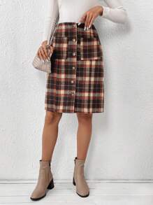 SHEIN LUNE Plaid Skirt With Patch Pockets - Multicolor - View 5