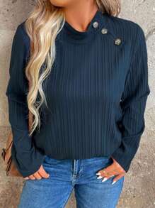 SHEIN LUNE Plus Size Button Decoration Long Sleeve Casual Top - Navy Blue - View 1