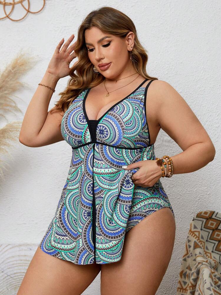 Plus Size All Over Print Two Pieces Swim Dresses Summer