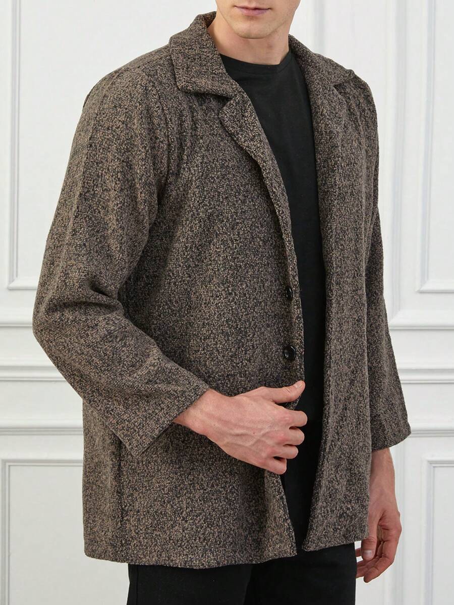 RueChic Men's Solid Color Turn-down Collar Woolen Coat - Brown - View 1