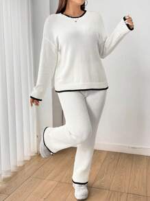 Flirla Của phụ nữ Kích thước lớn Viền tương phản Áo len Bộ - trắng - Xem 4