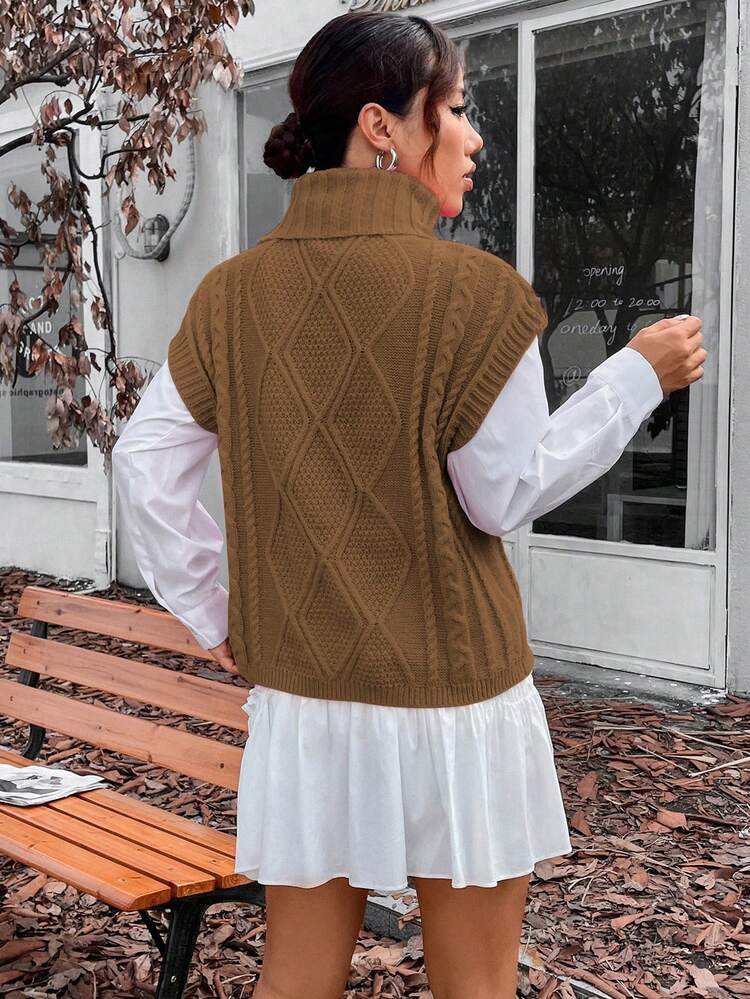 SHEIN Unity Solid Color High-neck Sweater Vest For Women - Brown - View 2
