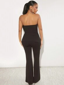 SHEIN SXY Women's Strapless Top & Flare Pants Set - Coffee Brown - View 2