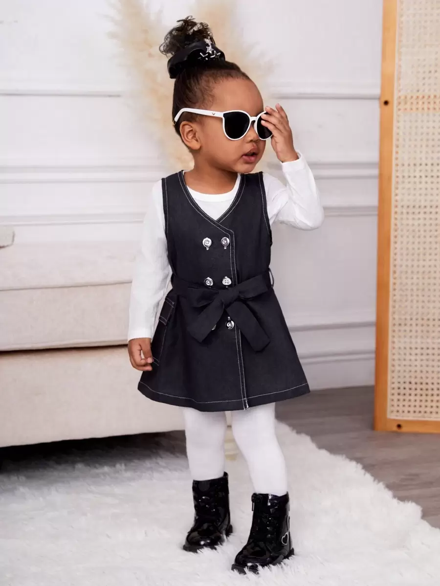 Baby Girls' Denim Effect Printed Tank Dress And T-Shirt Set - Black - View 1