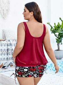 Swim Lushoire Plus Size Summer Beach Floral Print Tankini Swimwear - Multicolor - View 2