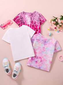 SHEIN 幼兒女童可愛獨角獸印花舒適三件套t恤,適用於夏季