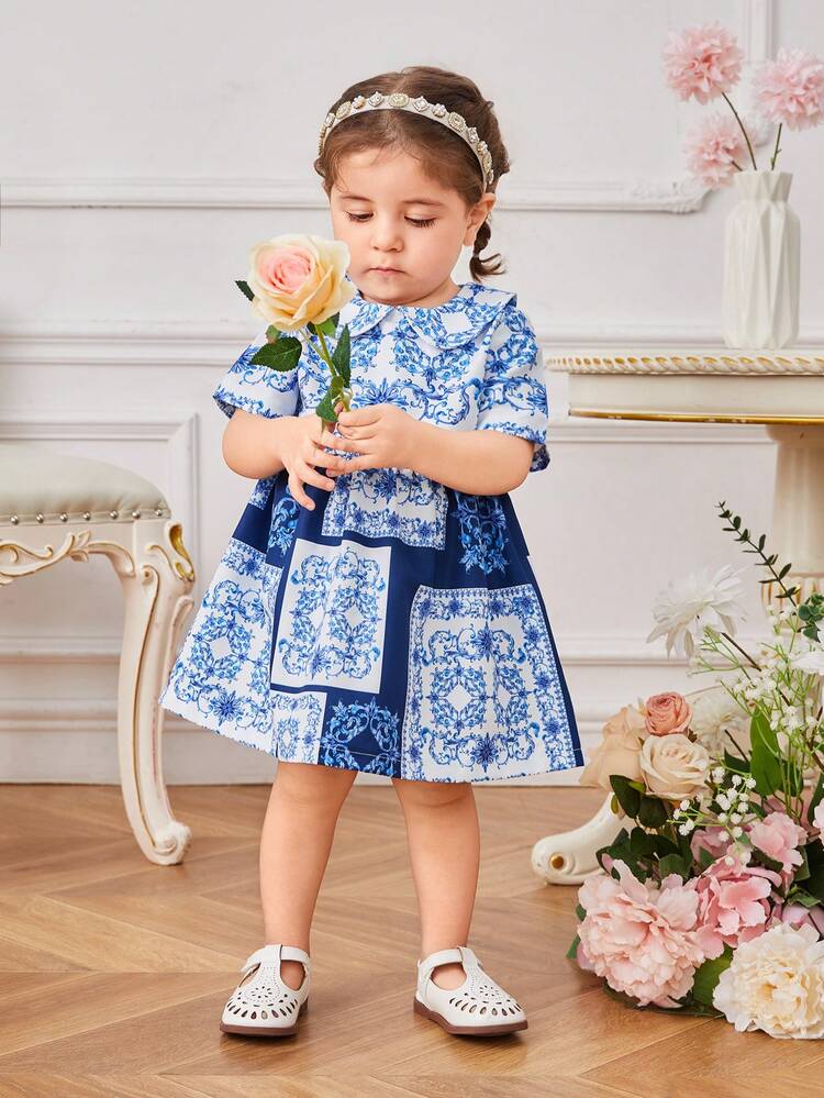 Baby Girls' Elegant Palace-Style Peter Pan Collar Printed Dress, Suitable