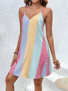 SHEIN VCAY Vestido Con Tirantes Finos A Rayas Y Bloques De Color Para Mujer