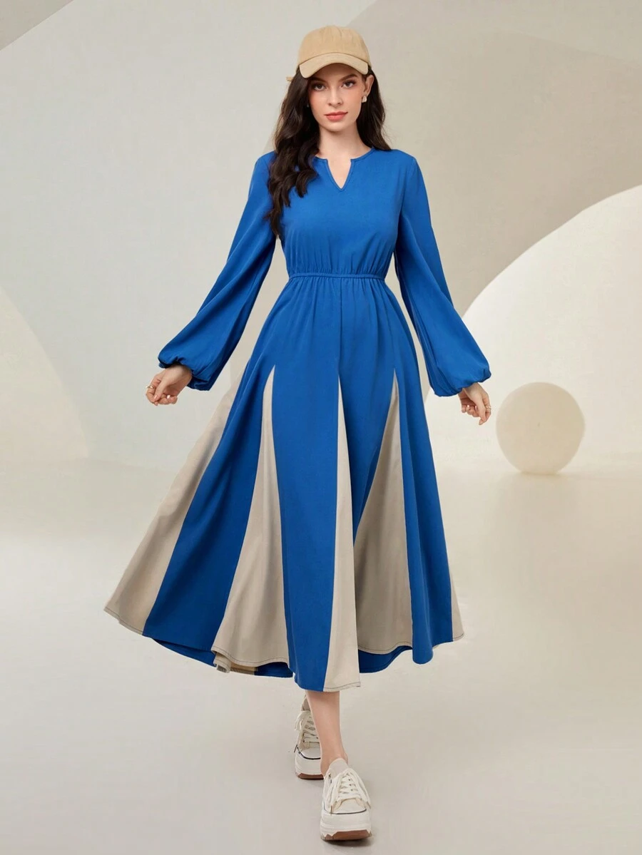 Seusyu Contrast Notch Neck Lantern Sleeve Dress - Blue - View 1