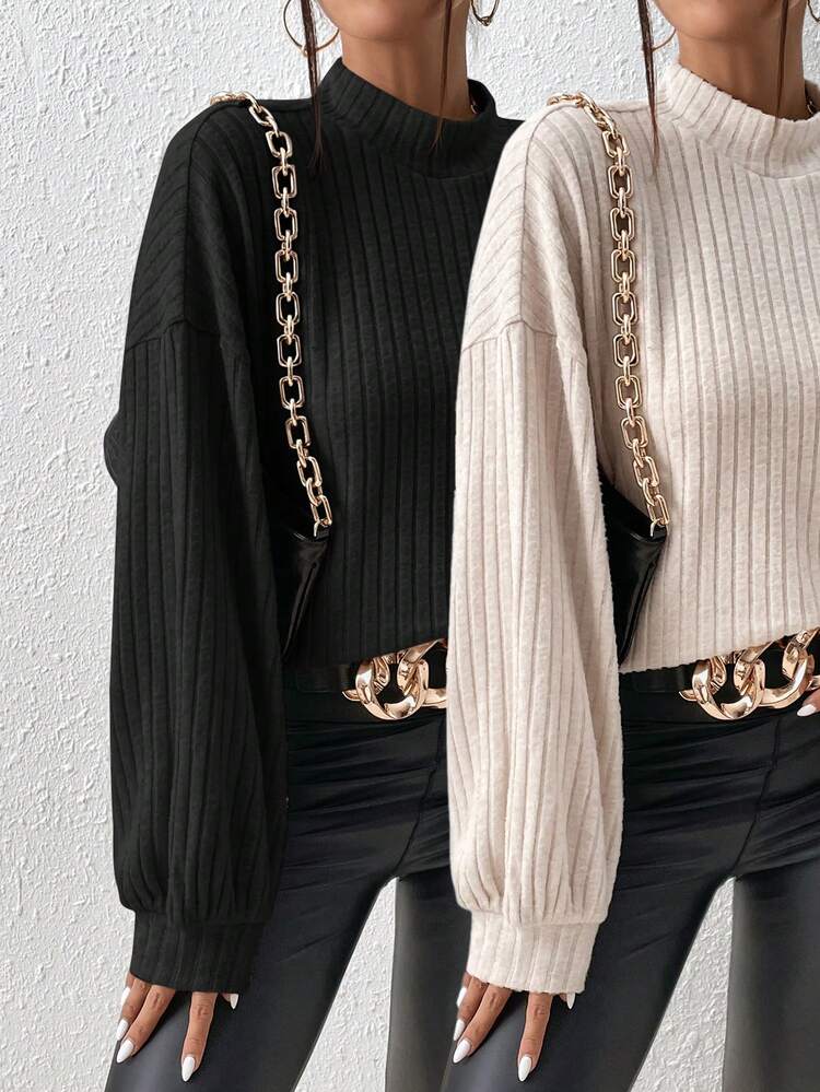 Women's Stand Collar Drop Shoulder Knit Long Sleeve T-Shirt Winter
