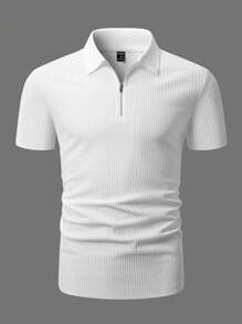 Manfinity Homme Men Short Sleeve Ribbed Collar Plain Casual Polo Shirt, For Going Out, For Husband, Mens Zipper Polo Shirt, Mens Ribbed Polo Shirt, Mens Fitted Polo Shirt