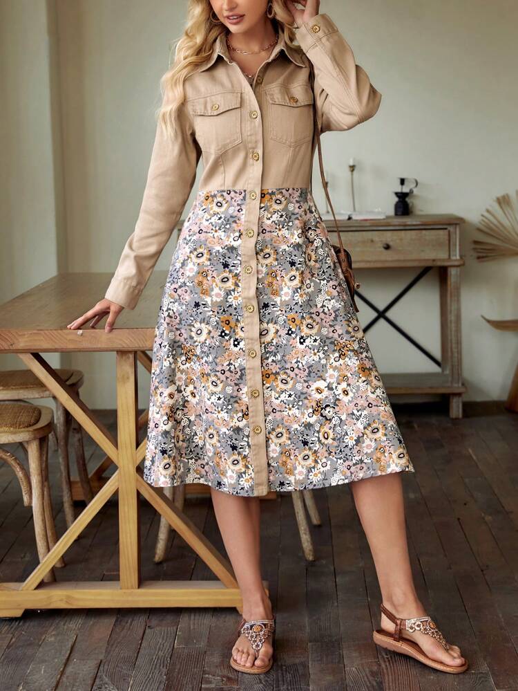 Women's Floral Print Flap Pocket Denim Dress