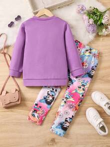 SHEIN 少女卡通圖案長袖長褲兩件套 - 紫色 - 查看 2