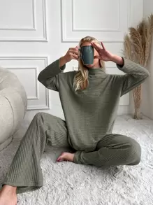 RueChic Women's Monochrome Ribbed Knit Two Piece Set - Olive Green - View 6