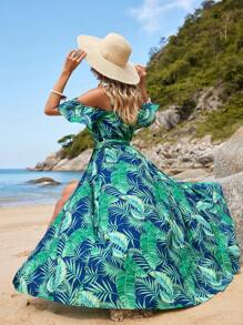 SHEIN VCAY 熱帶印花荷葉邊度假洋裝 - 綠色 - 查看 1