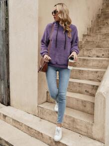 SHEIN LUNE Solid Color Fleece Drawstring Hoodie,Long Sleeve Tops In Fall/Winter,Casual - Purple - View 5