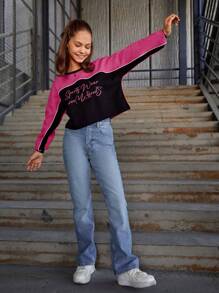 RueChic Girls Slogan Graphic Colorblock Drop Shoulder Sweatshirt - Pink - View 5
