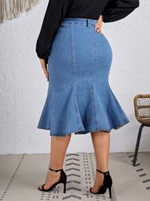 EMERY ROSE Plus Size High Stretch Elegant Luxurious Flared Denim Mermaid Skirt - Medium Wash - View 2