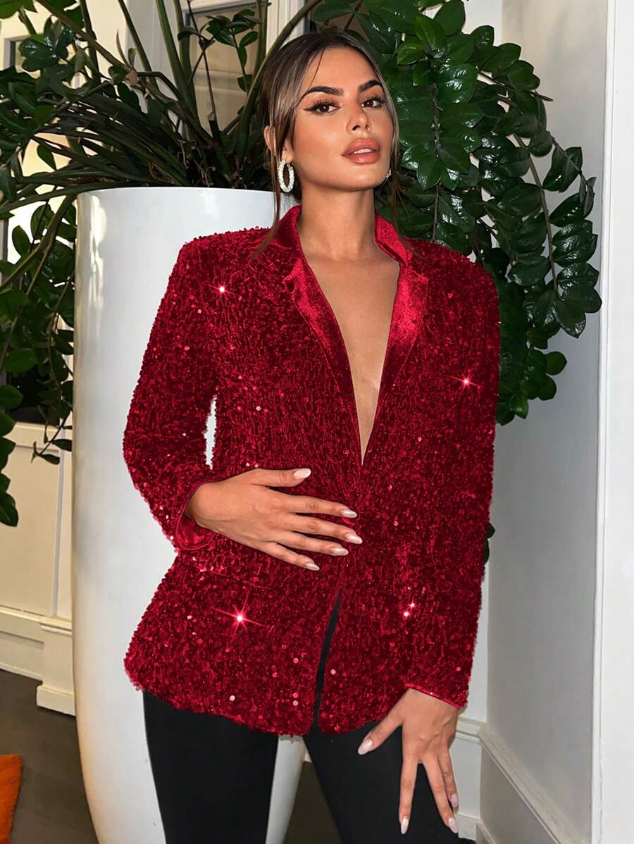 SHEIN SXY 性感夜店女士紅色純色閃光天鵝絨亮片西裝外套 - 酒紅色 - 查看 1