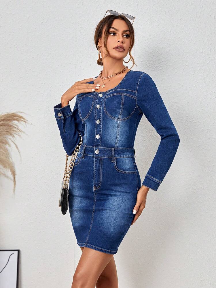 Women's Round Neck Button Down Skinny Denim Dress Fall Cloth For Women