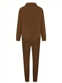 SHEIN Essnce 女款純色半拉鍊連帽衫與慢跑褲套裝 - 咖啡棕 - 查看 2