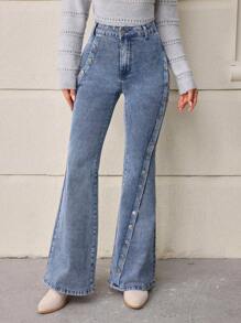 SHEIN LUNE Nút lên Bùng nổ Quần denim - Màu xanh lam - Xem 5