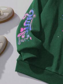 Flirla Plus Size & Letter Printed Hooded Sweatshirt With Drawstring And Thermal Lined Pullover Fall Outfit - Green - View 7