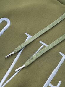 Flirla Plus Size Hooded Sweatshirt With Letter Embroidery And Drawstring, Thickened - Army Green - View 6