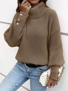 Women's Loose High Neck Sweater, Casual Formal Ribbed Knit Button Up Long Sleeve Pullover, Nutmeg Color, Long Sleeve Top - Mocha Brown - View 5