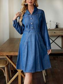 SHEIN LUNE Peter Pan Collar Long Sleeve Denim Dress - Blue - View 3