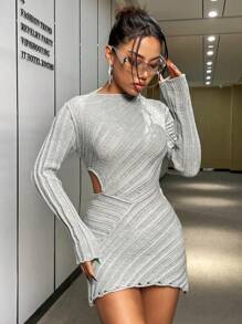 SHEIN Unity Màu thuần Rỗng ra eo Tay áo dài Đầm Áo len - Màu Xám nhạt - Xem 5