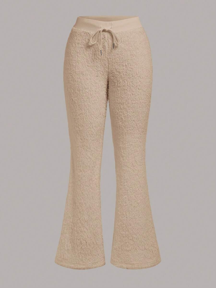 SHEIN EZwear Của phụ nữ Màu thuần Nhung Quần loe Với dây rút Eo - Màu be - Xem 1