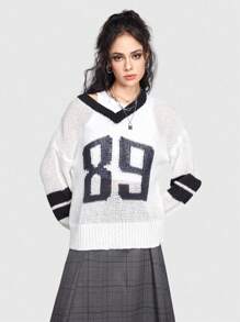 ROMWE Grunge Punk Women's Contrast Color Digital Pattern V-neck Sweater - Black and White - View 1