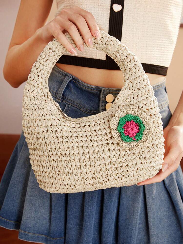 Flower Decorated Weave Fashion Handbag